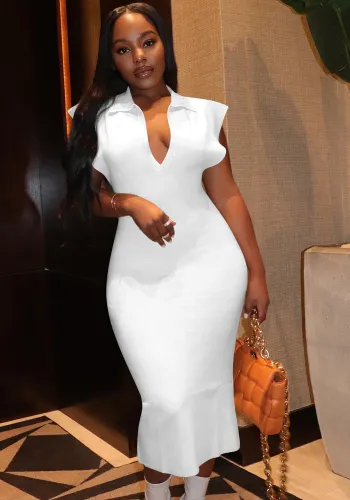 White Turndown Collar V-Neck Sleeveless Fitted Long Dress