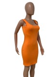 Orange Square Neck Sleeveless Midi Pencil Tank Dress 