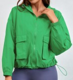 Green Zipper Open Long Sleeves Pockets Loose Hoody Top 