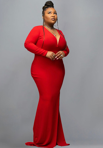 Plus Size Red V-Neck Long Sleeves Slim Fit Maxi Dress