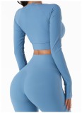 Blue Long Sleeves Yoga Crop Top with Half Gloves 