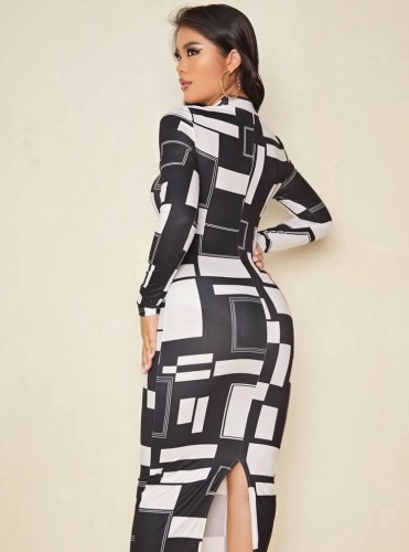 Geometric Print White Midi Neck Long Sleeves Midi Slinky Dress
