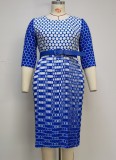 Plus Size Snake Skin Print Blue O-Neck 3/4 Sleeves Midi Dress with Belt