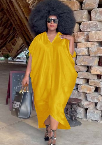 Plus Size Yellow Silk V-Neck Short Sleeves Loose Long Dress