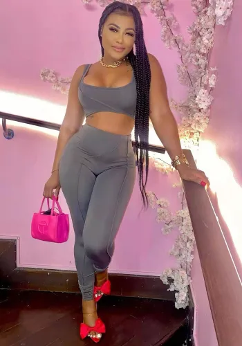 Grey Sleeveless Tank Crop Top and High Waist Pants 2PCS Set