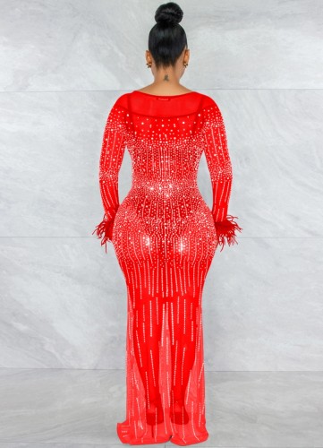 Red Mesh Beaded O-Neck Long Sleeves Bodycon Maxi Dress