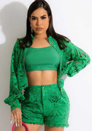 Green Lace Zipper Open Long Sleeves Top and High Waist Shorts 2PCS Set