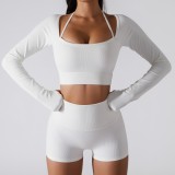 White Long Sleeves Yoga Crop Top with Half Gloves 