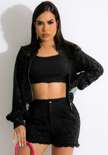 Black Lace Zipper Open Long Sleeves Top and High Waist Shorts 2PCS Set