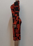 Geometric Print Orange Midi Neck Long Sleeves Midi Slinky Dress