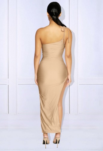 Gold Silk One Shoulder Slash Neck Sleeveless Long Dress