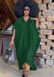 Plus Size Dk-Green Silk V-Neck Short Sleeves Loose Long Dress