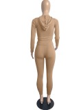 Nude Zip Long Sleeves Hoody Top with Pocket and High Waist Pants 2PCS Set 