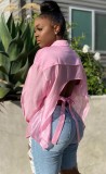 Pink Turndown Collar Open Back Long Sleeves Button Blouse