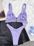 Purple V-Neck Triangle Bra High Cut Cami Bikini Two Piece Set