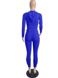 Blue Zip Long Sleeves Hoody Top with Pocket and High Waist Pants 2PCS Set 