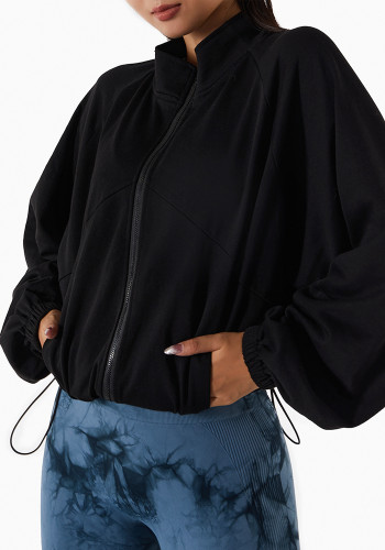 Black Turtleneck Long Sleeves Pockets Loose Jacket 