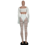 White Knotted Puff Sleeve Crop Top and Ruched Mesh Pants 2PCS Sets