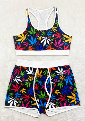 Leaf Print Black Sport Sleeveless Tank Crop Top and High Waist Shorts 2PCS Sets 