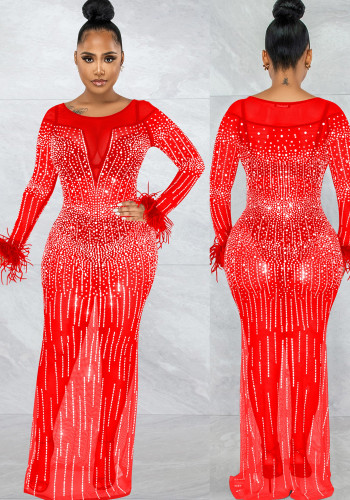 Red Mesh Beaded O-Neck Long Sleeves Bodycon Maxi Dress