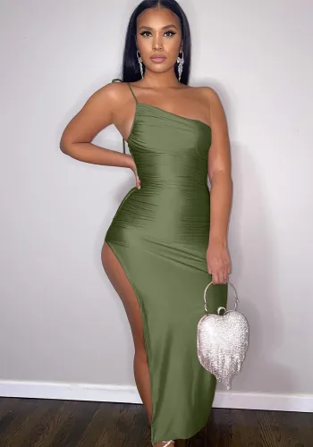 Green Silk One Shoulder Slash Neck Sleeveless Long Dress