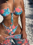 Floral Print Dk-Blue Halter Cami High Cut One Piece Swimsuit