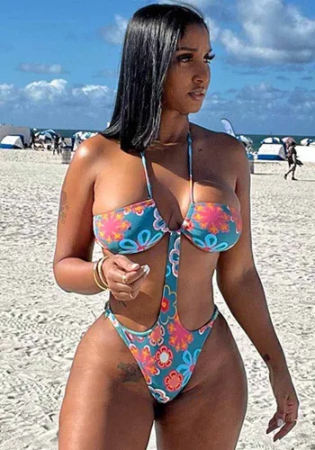 Floral Print Dk-Blue Halter Cami High Cut One Piece Swimsuit
