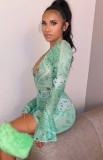 Print Green Deep-V Flare Sleeve Translucent Mini Slinky Dress