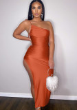 Orange Silk One Shoulder Slash Neck Sleeveless Long Dress