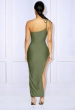 Green Silk One Shoulder Slash Neck Sleeveless Long Dress