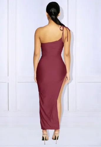 Red Silk One Shoulder Slash Neck Sleeveless Long Dress