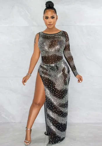 Black Beaded Rhinestone O-Neck Single Sleeves Maxi Dress