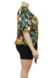 Plus Size Floral Print Black V-Neck Half Sleeves Tie Ruffle Shirt and Short 2PCS Set