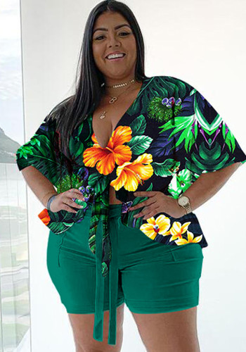 Plus Size Floral Print Green V-Neck Half Sleeves Tie Ruffle Shirt and Short 2PCS Set