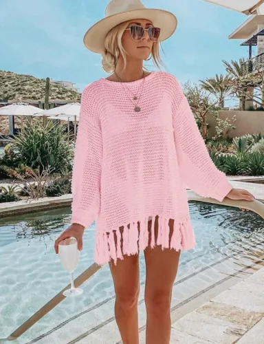 Pink Crochet Drop Shoulder Long Sleeves Fringed Cover-Up