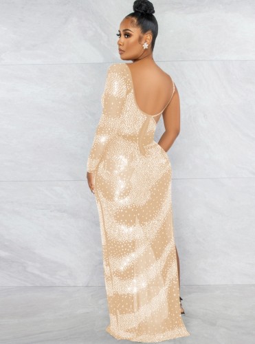 Nude Beaded Rhinestone O-Neck Single Sleeves Maxi Dress