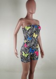 Butterfly Print Black Strapless Sleeveless Slim Fit Rompers