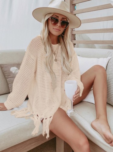 White Crochet Drop Shoulder Long Sleeves Fringed Cover-Up