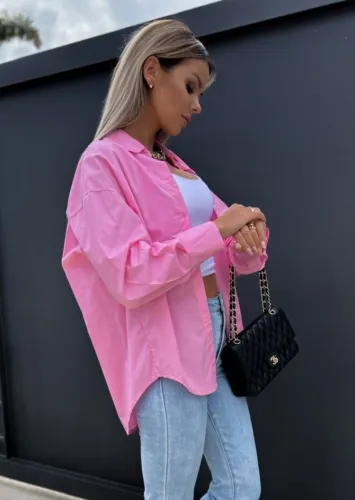 Pink Button Open Turndown Collar Long Sleeves Blouse