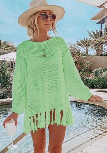 Green Crochet Drop Shoulder Long Sleeves Fringed Cover-Up