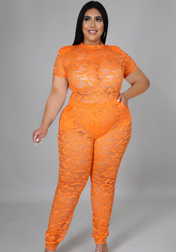 Plus Size Orange Lace See Through Round Neck Short Sleeves Top and Pants 2PCS Set