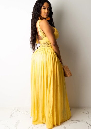 Yellow Lace Patchwork Cami Halter Sleeveless Maxi Dress
