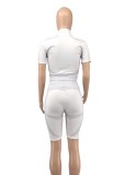 White Short Sleeves Zipper Open Fitted Top and Short 2PCS Set
