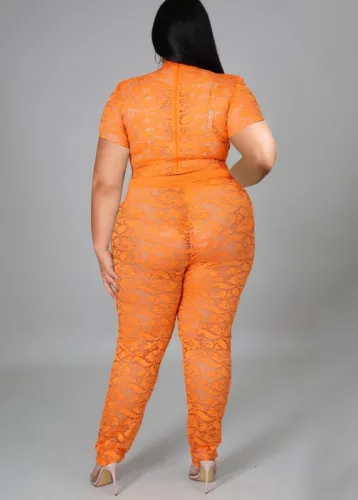 Plus Size Orange Lace See Through Round Neck Short Sleeves Top and Pants 2PCS Set