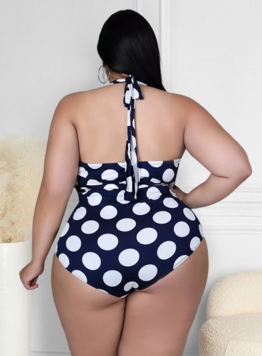 Plus Size Dot Print Black Cami Halter Bikini Two Piece Set