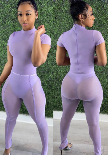 Purple Turtleneck Short Sleeves Tight Bobysuit and Pants 2PCS Set