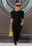 Black O-Neck Half Sleeves Shirt and High Waist Pocket Pants 2PCS Set