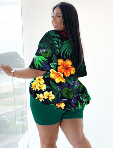Plus Size Floral Print Green V-Neck Half Sleeves Tie Ruffle Shirt and Short 2PCS Set