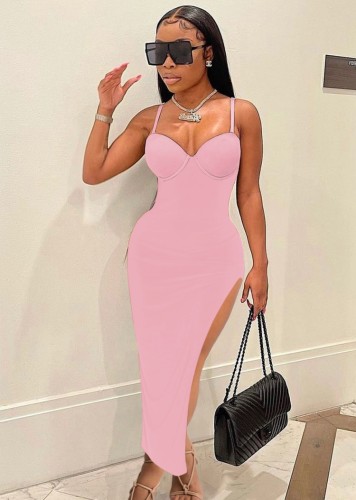 Pink Cami Sleeveless Side Slit Bodycon Maxi Dress