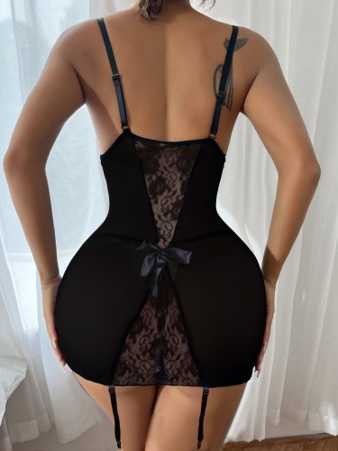 Black Lace Cami Mini Dress and T-Back Garter Lingerie 2PCS Set